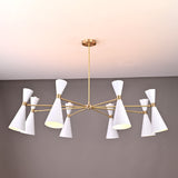 Modern Diabolo chandelier with 16 white cone shades and brushed brass frame, mid-century modern decorative ceiling light.