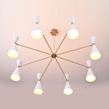 Top view of 16-light Diabolo chandelier showing radial brass arms and white cone shades, modern mid-century brass ceiling light.