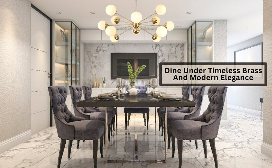 Brass globe chandelier over a modern dining table with marble flooring and upholstered chairs