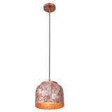 Closeup of distressed copper pendant shade with whitewashed artistic texture and warm hammered interior detail