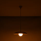 Dome disc pendant light with 20 inch shade and glowing 6 inch glass globe on dark background