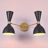 Mid-century modern double brass black cone wall sconce with perforated detailing