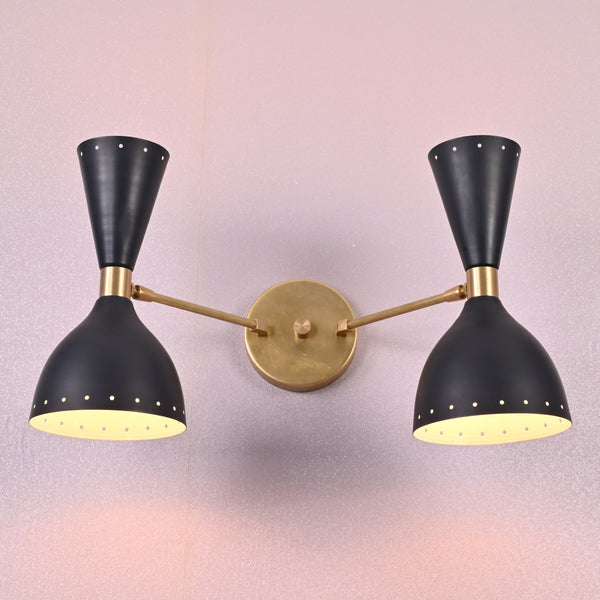 Mid-century modern double brass black cone wall sconce with perforated detailing