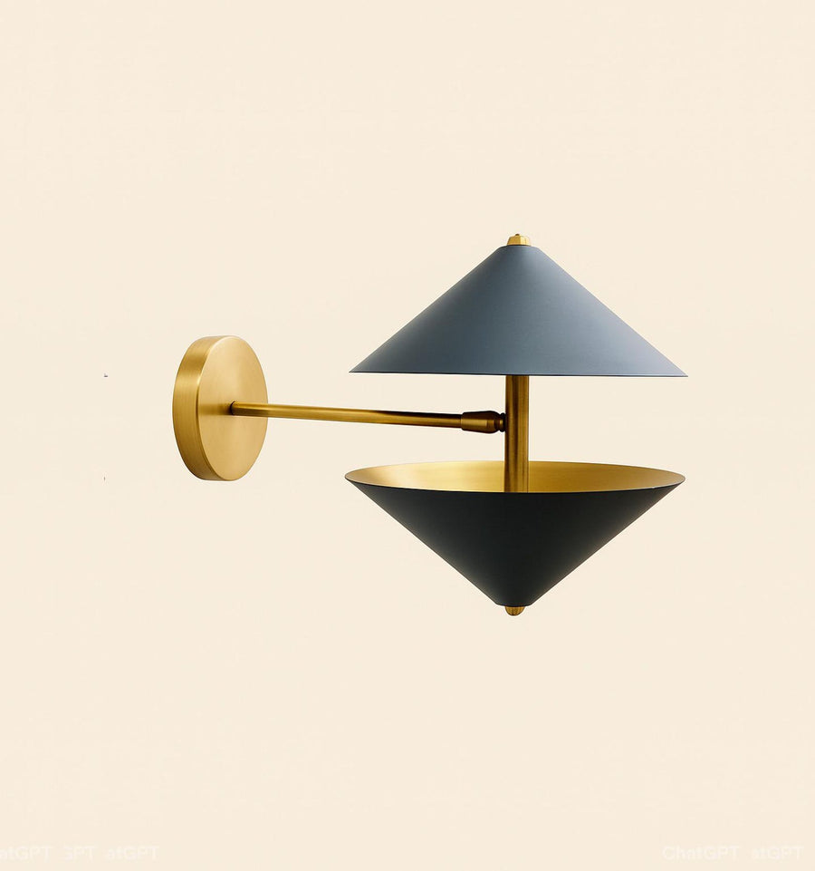 Front view of modern double cone brass wall sconce with matte black shades and brushed brass backplate, luxury industrial wall lighting fixture.