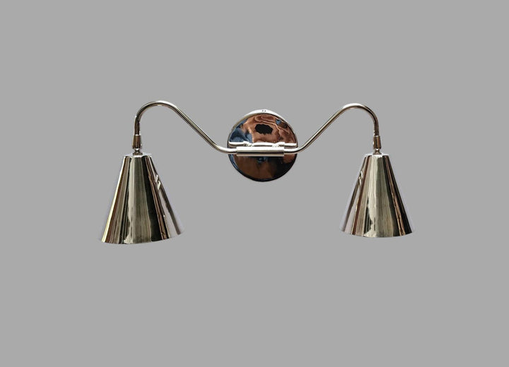 Rear view of brass double cone wall sconce with polished metallic finish