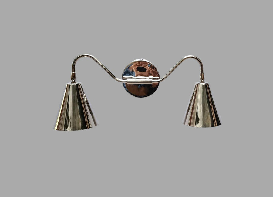 Handmade brass double cone wall sconce with polished finish – front view