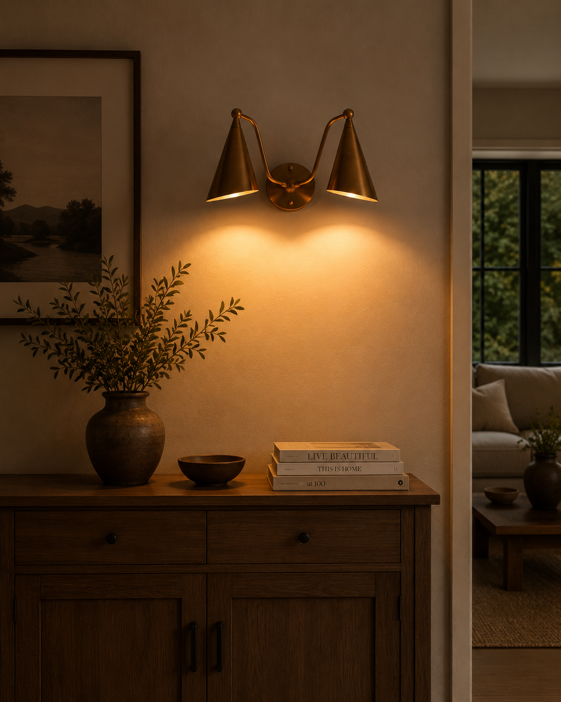 Double cone wall light creating a warm focused glow, ideal for bedroom, entryway, vanity, and living room accent lighting