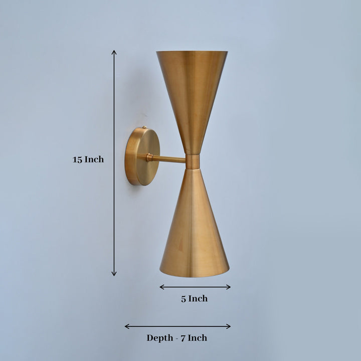 Dimensional image showing 15-inch height, 5-inch width, and 7-inch depth of brushed brass double cone wall sconce.