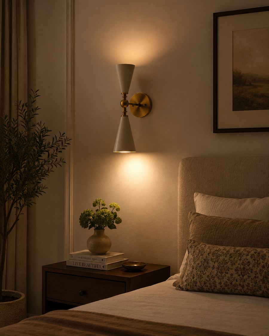 Double cone wall sconce front view with two opposing white enamel shades and brushed brass accents