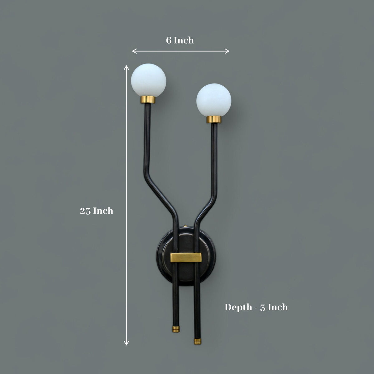 Dimension view of double globe brass wall sconce, showing 23-inch height, 6-inch width, and 3-inch depth