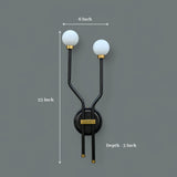 Dimension view of double globe brass wall sconce, showing 23-inch height, 6-inch width, and 3-inch depth