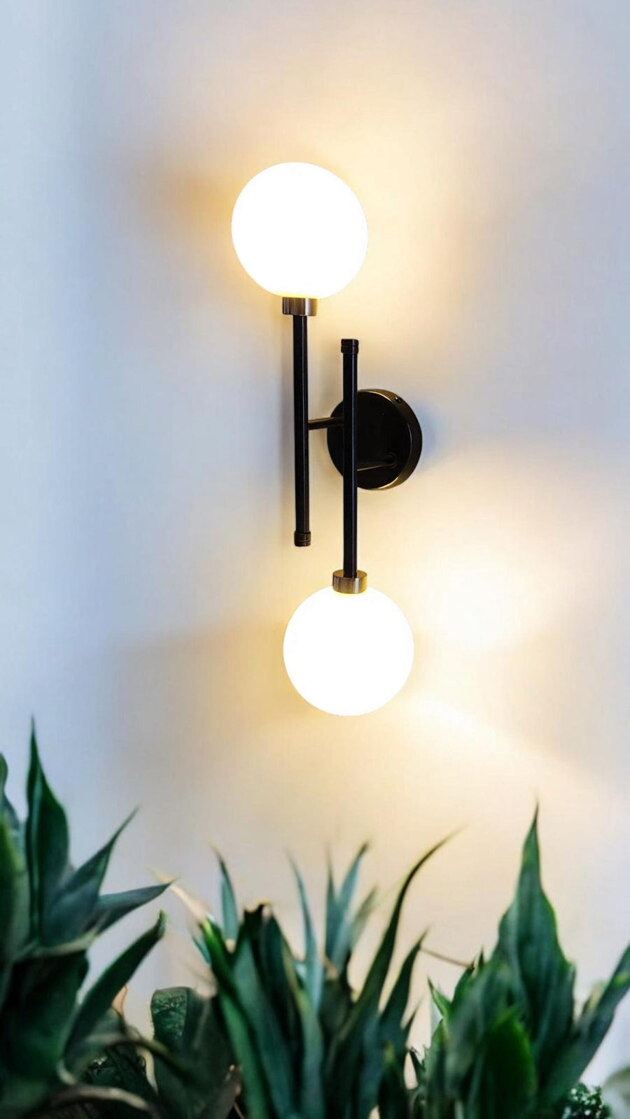 Illuminated double globe wall light in black and brass finish, mounted on wall providing warm ambient glow above indoor plants.