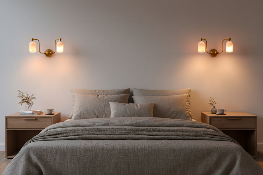 Dual alabaster cylinder wall light with curved brass arms and round brass patina canopy for elegant interiors