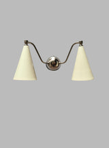 Dual cone wall sconce with polished brass body and white cone shades, modern handmade lighting by Brass Leaf Studio.