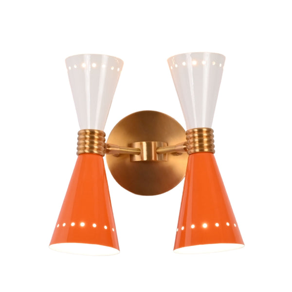 Dual diabolo 4-light wall sconce with orange and white solid brass shades for mid century wall lighting