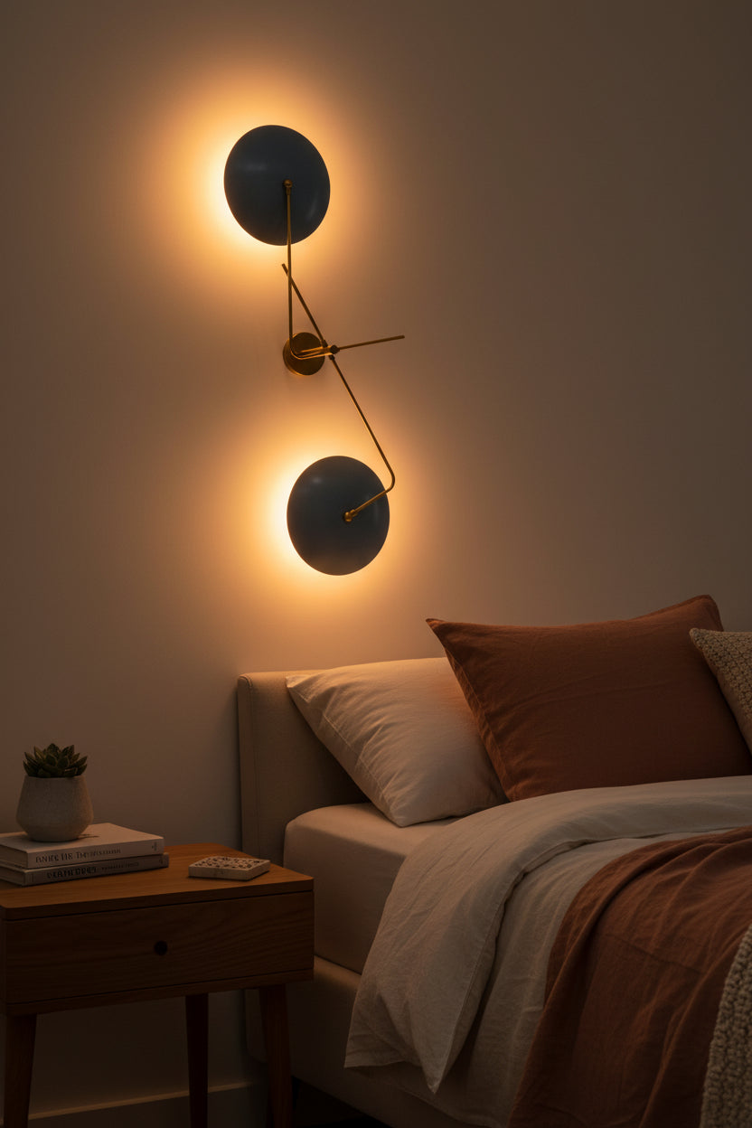 ual disc brass wall light with two large blue circular shades, brass arms, and round wall canopy