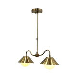 Dual globe pendant lamp with brass patina frame, round canopy, curved arms, and cone-shaped shade details