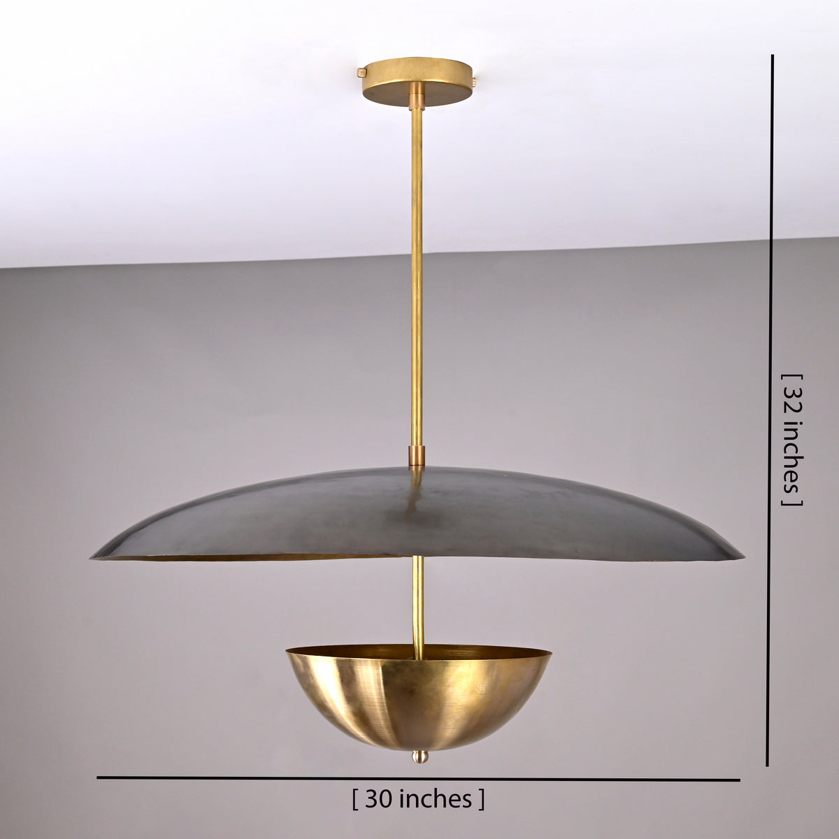 Pendant light with wide dome and inner brass bowl displayed with full dimensions, measuring 30 inches wide and 32 inches tall.