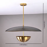 Pendant light with wide dome and inner brass bowl displayed with full dimensions, measuring 30 inches wide and 32 inches tall.