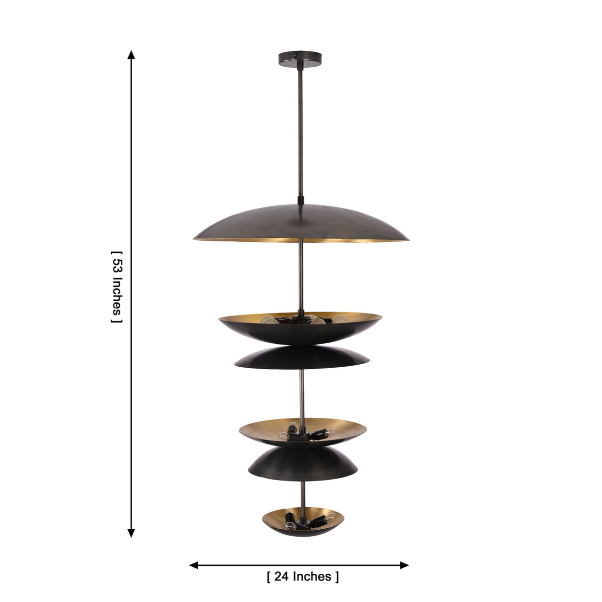 Eclipse Cascade Chandelier front view with dimensions showing 24 inch diameter and 53 inch overall height