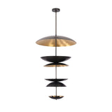Front view of Eclipse Cascade Chandelier featuring layered dish shades in matte black and warm brass finish