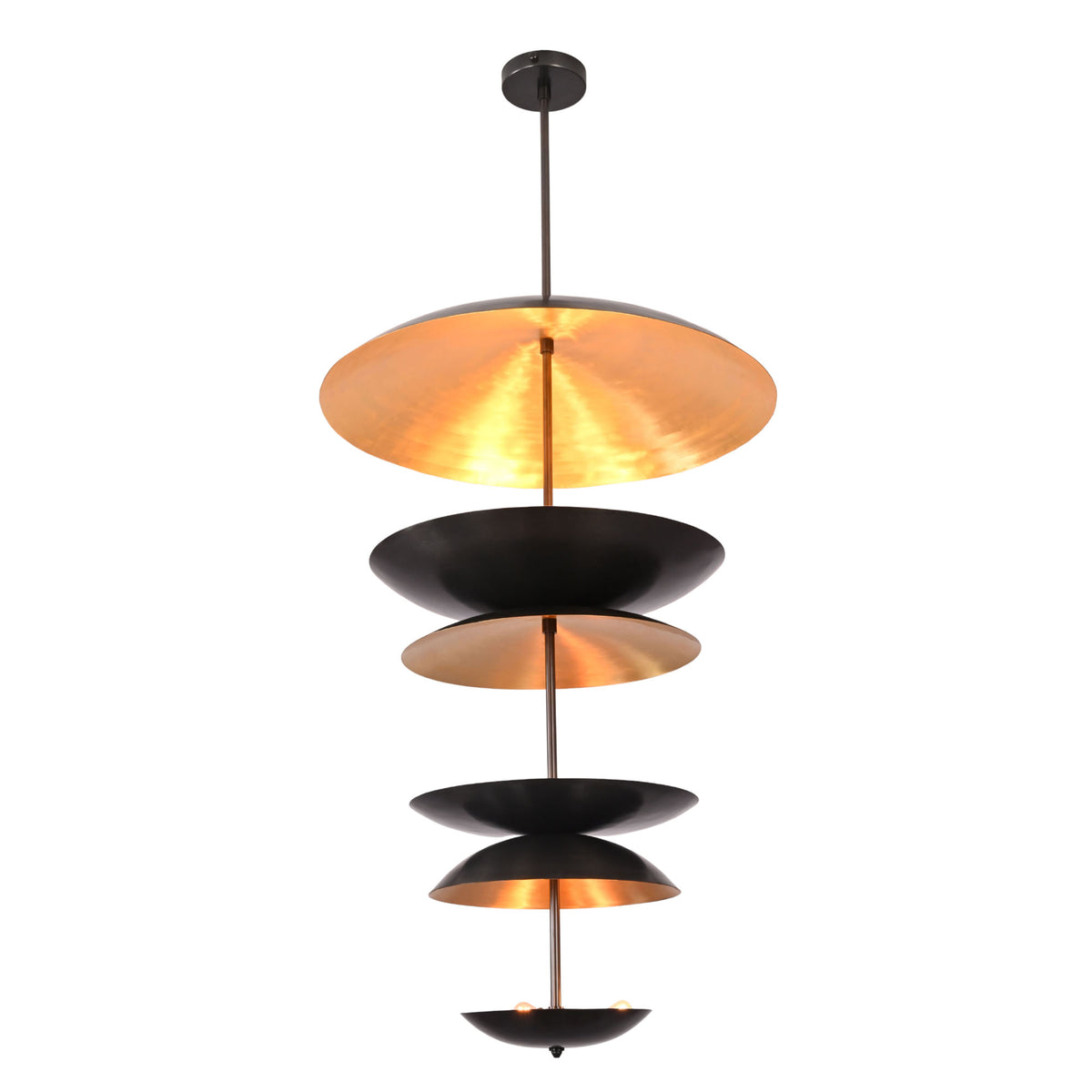 Illuminated Eclipse Cascade Chandelier with sculptural layered dish shades and warm ambient lighting
