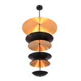 Low angle view of Eclipse Cascade Chandelier highlighting the layered brass and black dish design