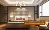 Elegant mid-century chandelier with warm glow illuminating a sophisticated bedroom with neutral tones and modern furniture.