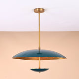 Front view of handcrafted emerald green brass chandelier with golden interior finish and elegant dual-bowl silhouette