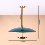 Dimensional view of emerald green brass pendant light showing 24-inch width and 28-inch height handcrafted by Brass Leaf Studio