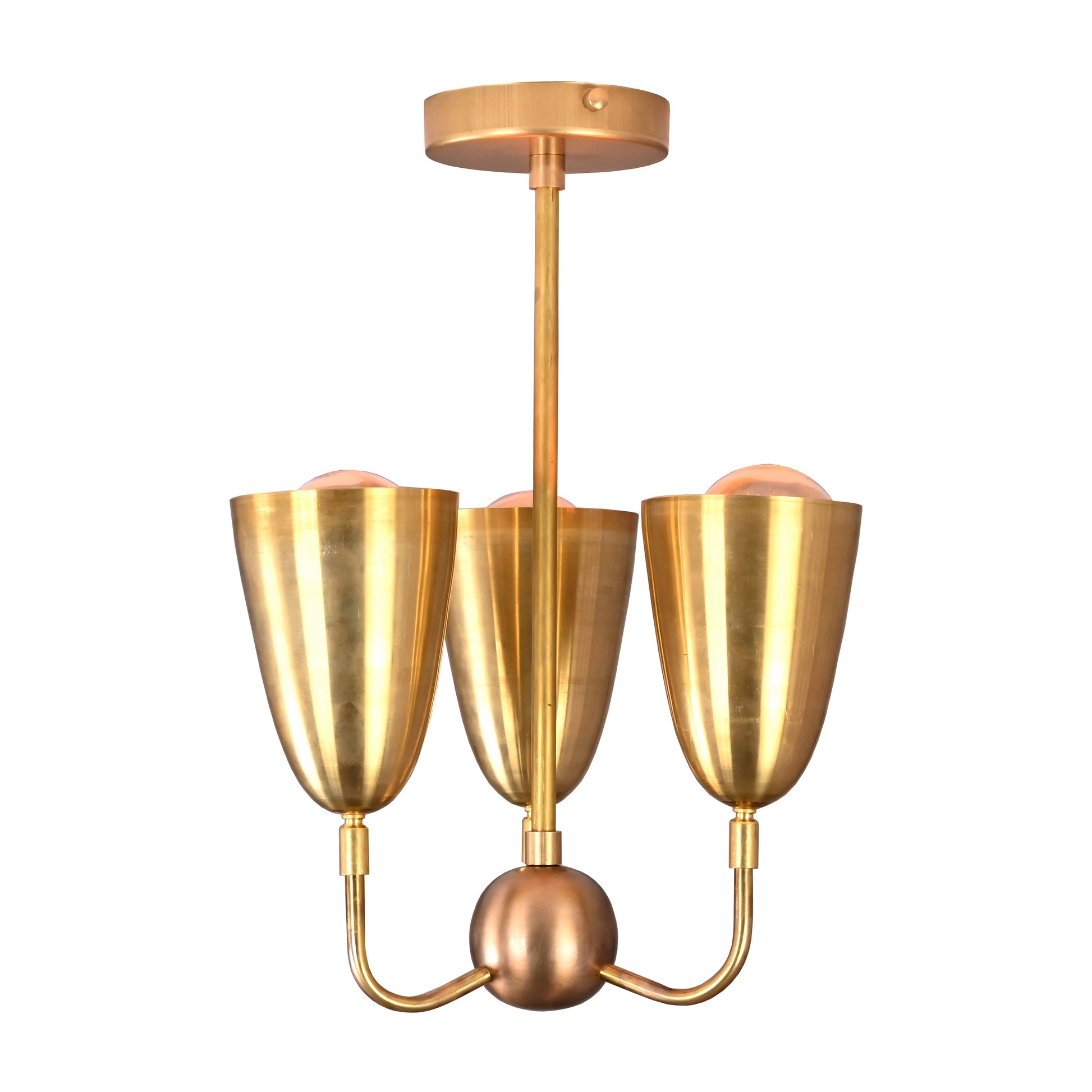 Brass pendant chandelier installed in hallway with ambient lighting and cone fixtures