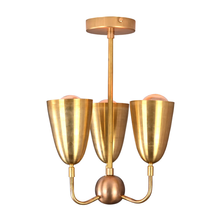 Brass pendant chandelier installed in hallway with ambient lighting and cone fixtures