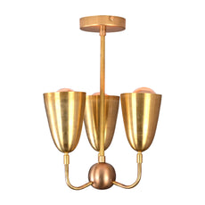 Brass pendant chandelier installed in hallway with ambient lighting and cone fixtures