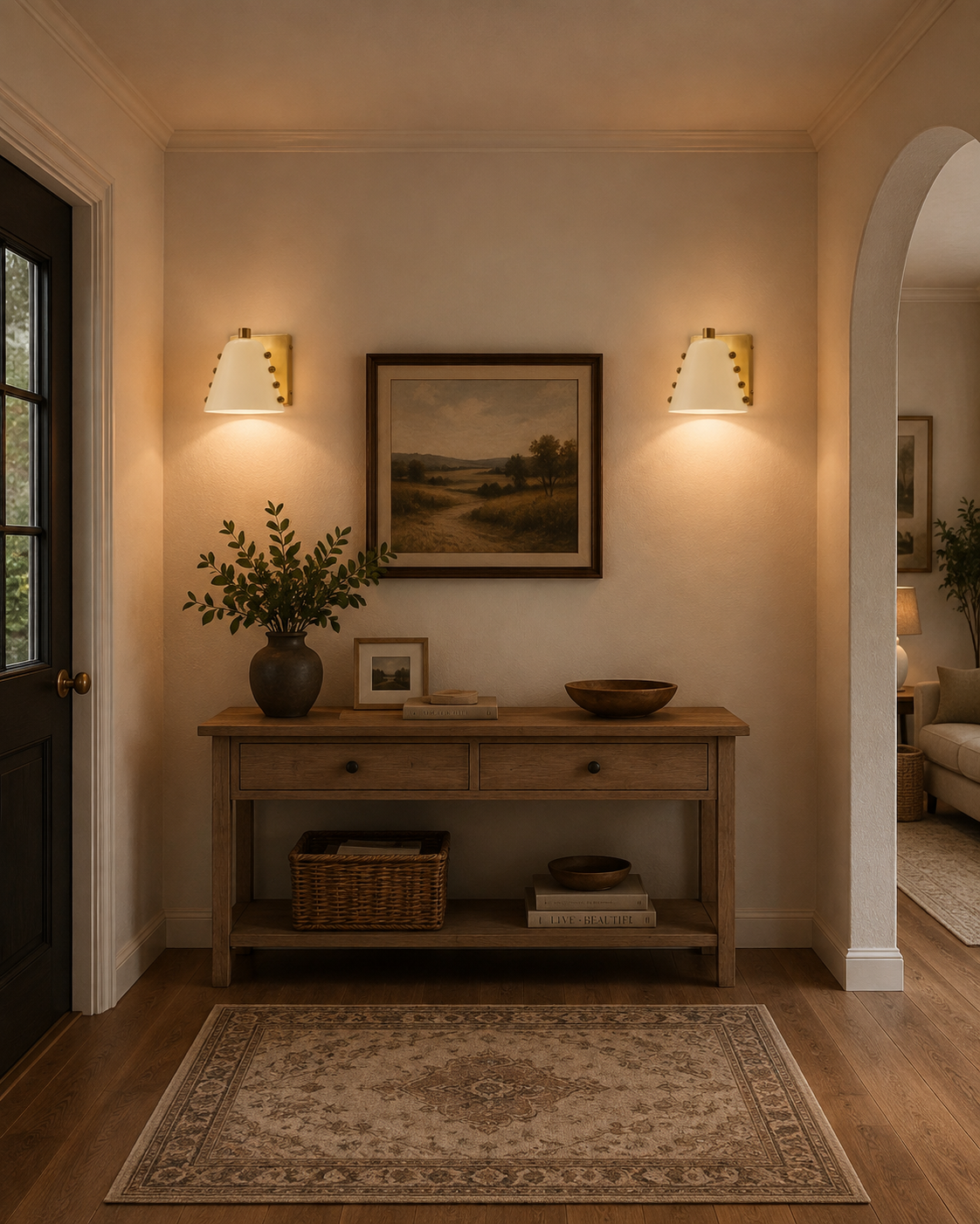 wo wall sconces used in entryway with warm downward glow above console table and decorative wall art
