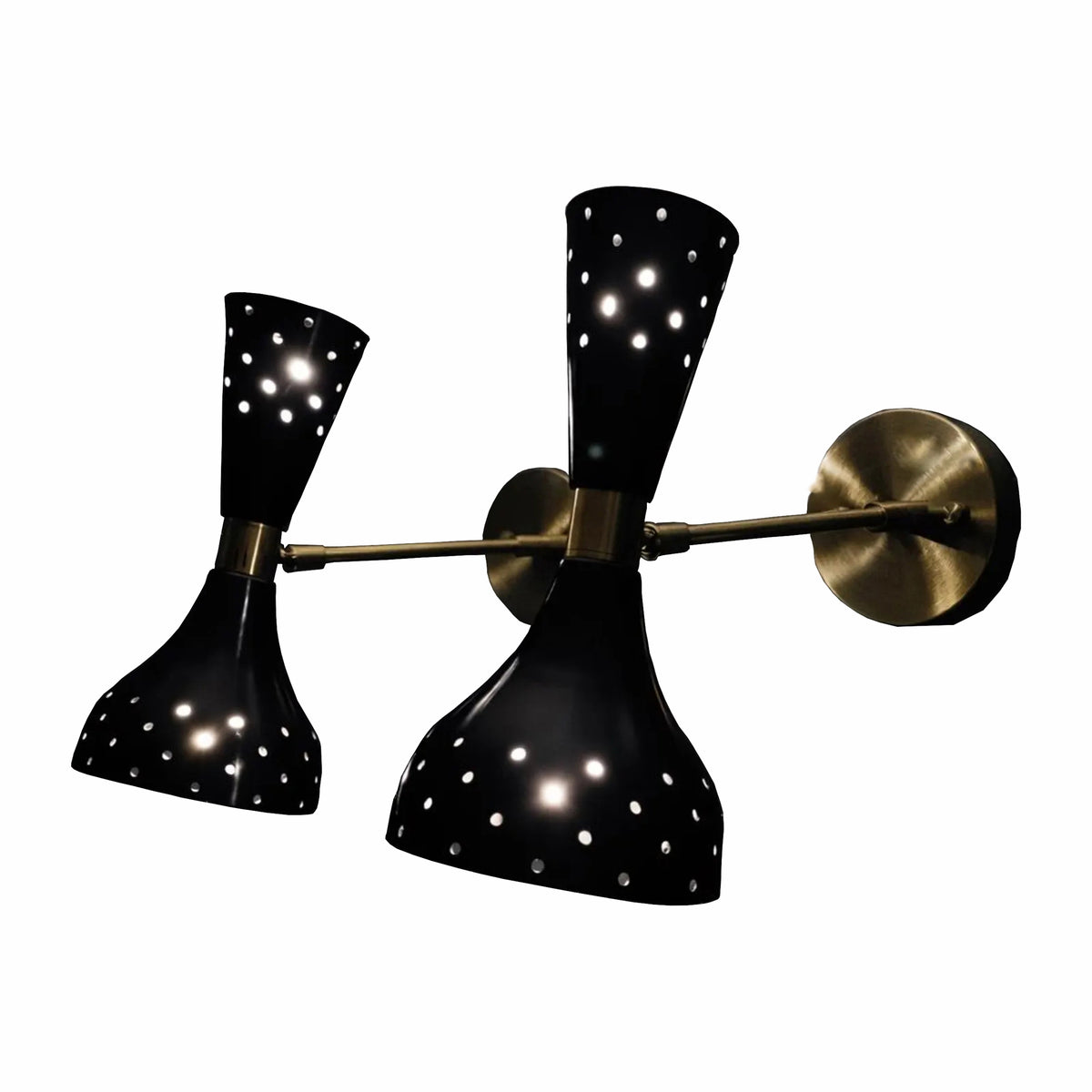 Verona perforated double cone wall sconces in black and brass shown as a pair with decorative light perforations.