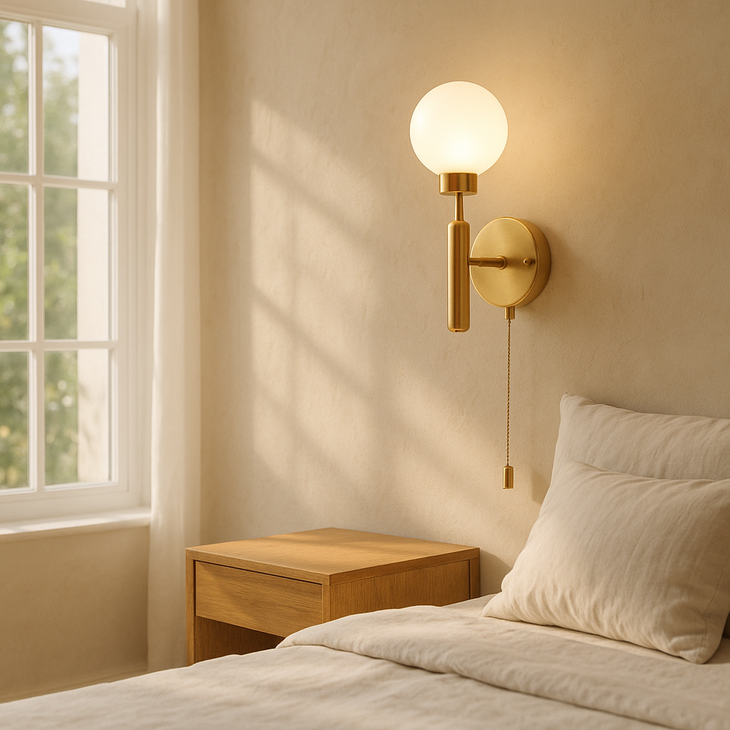 Brass pull chain globe wall sconce illuminated beside a bed, casting warm light near a window with sheer curtains and a wooden nightstand.