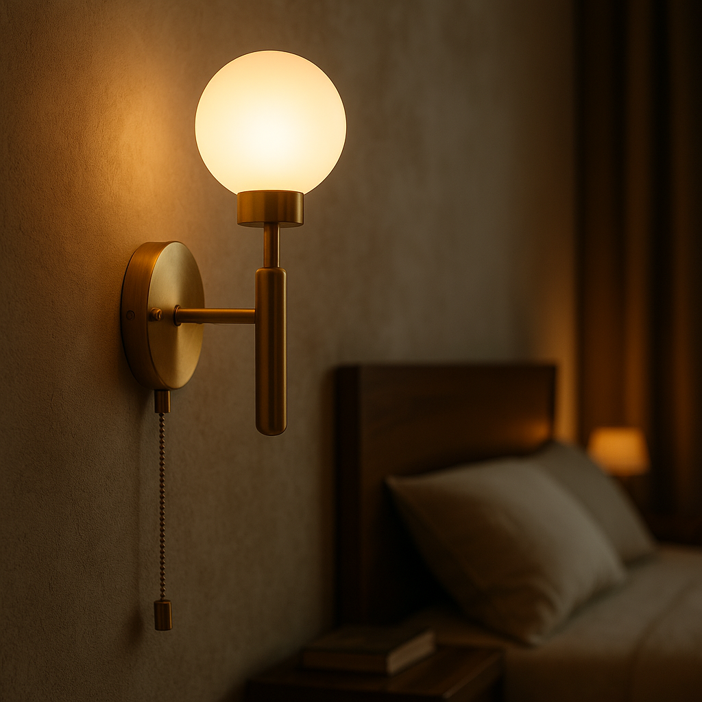 Raw brass pull chain globe wall sconce illuminated beside a bed, casting warm light near a dark wood headboard and nightstand.
