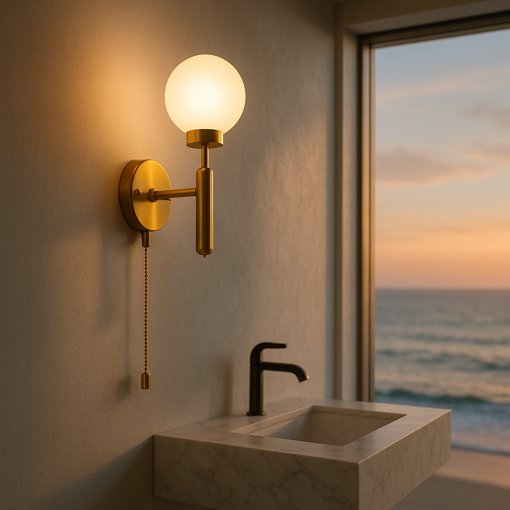 Raw brass pull chain globe wall sconce illuminated on a dark wall, casting warm light in a moody hallway setting.