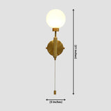 Dimension diagram of a raw brass pull chain globe wall sconce, showing 21-inch height and 5-inch width with lit glass globe shade.