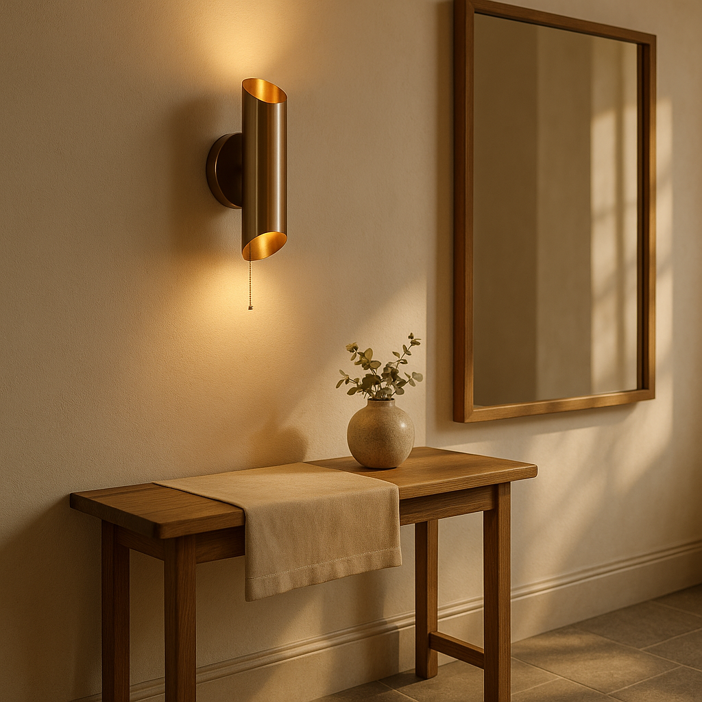 Illuminated brass-finish curved cylinder wall sconce with pull chain, casting up-and-down ambient light above a wooden bench.