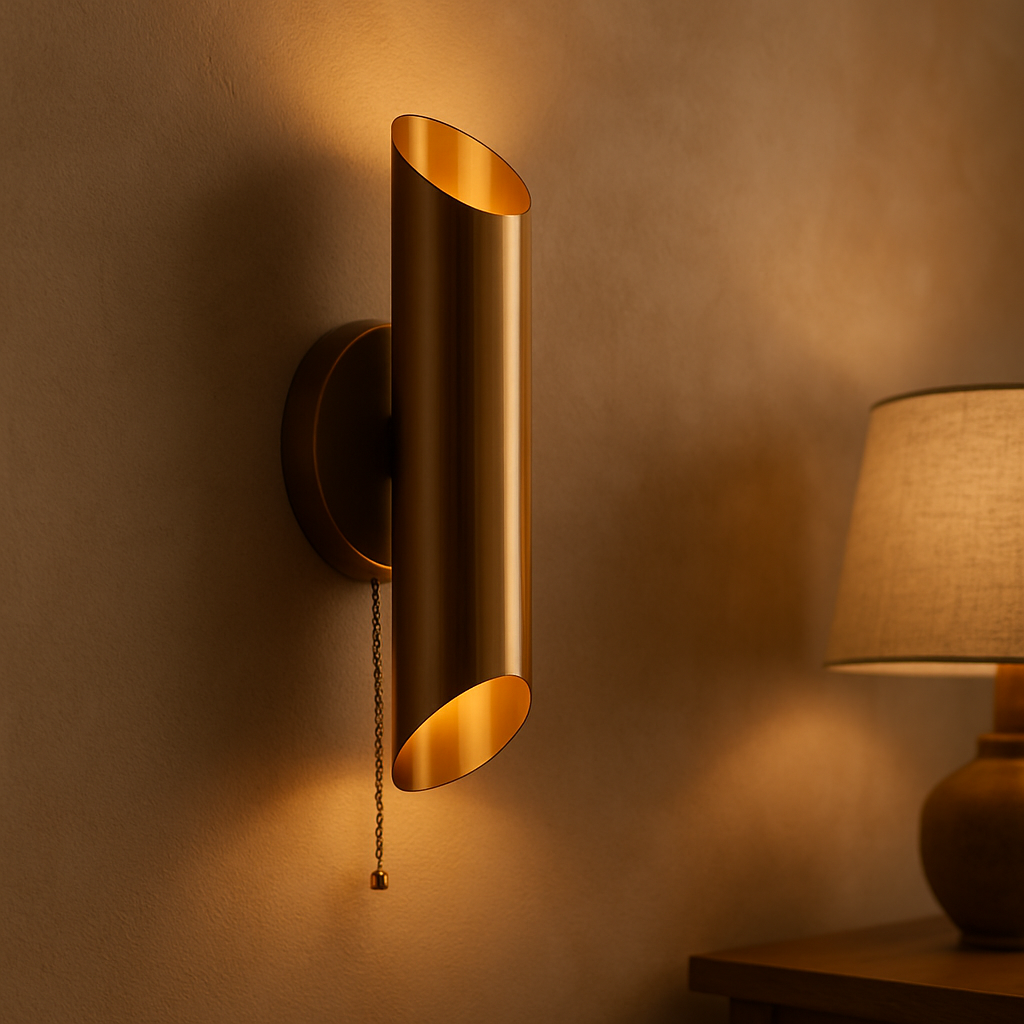Brass curved cylinder wall sconce, illuminated up and down, with a pull chain in a warm-toned living room.