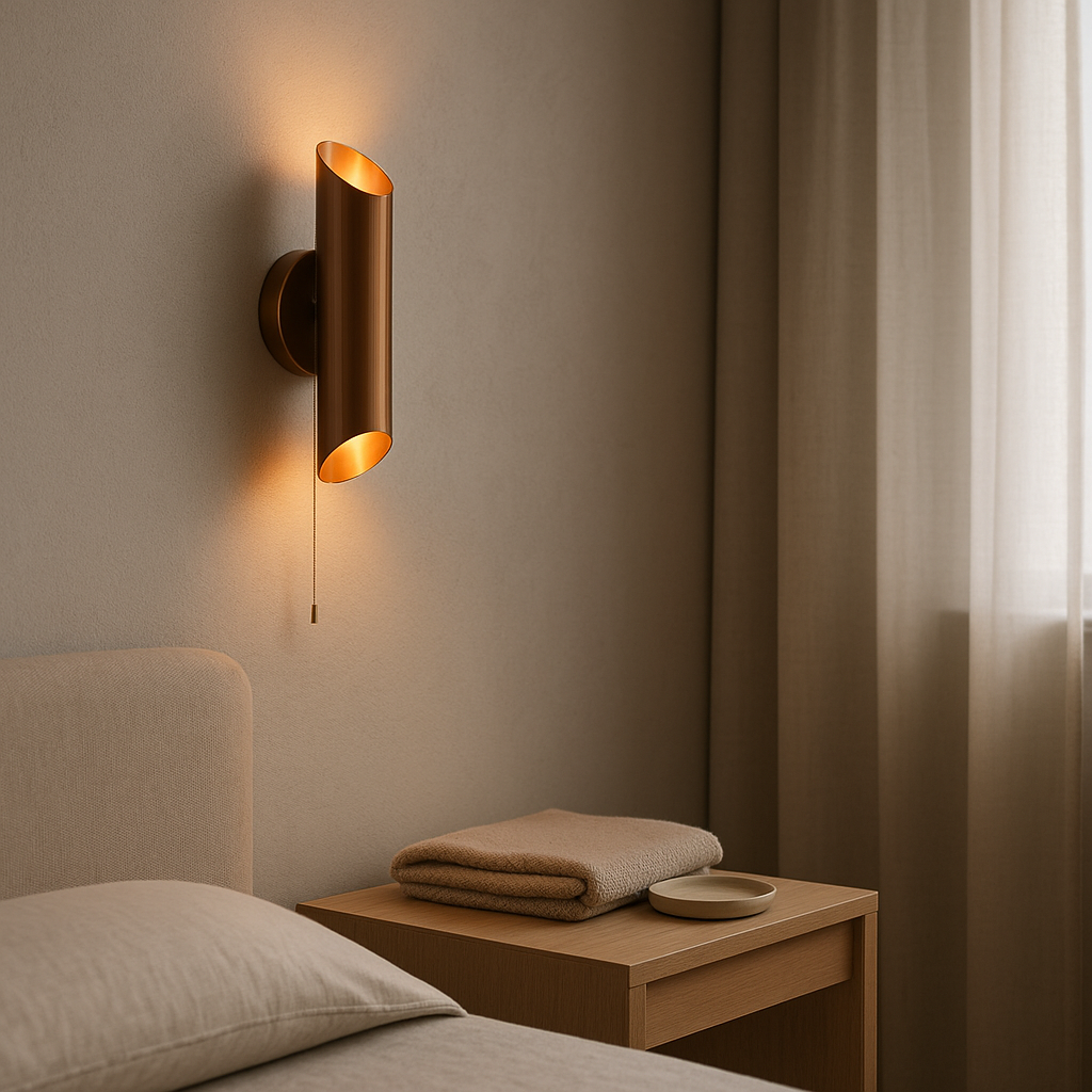 Illuminated brass cylinder wall sconce with angled up-and-down openings and pull chain beside a bed.