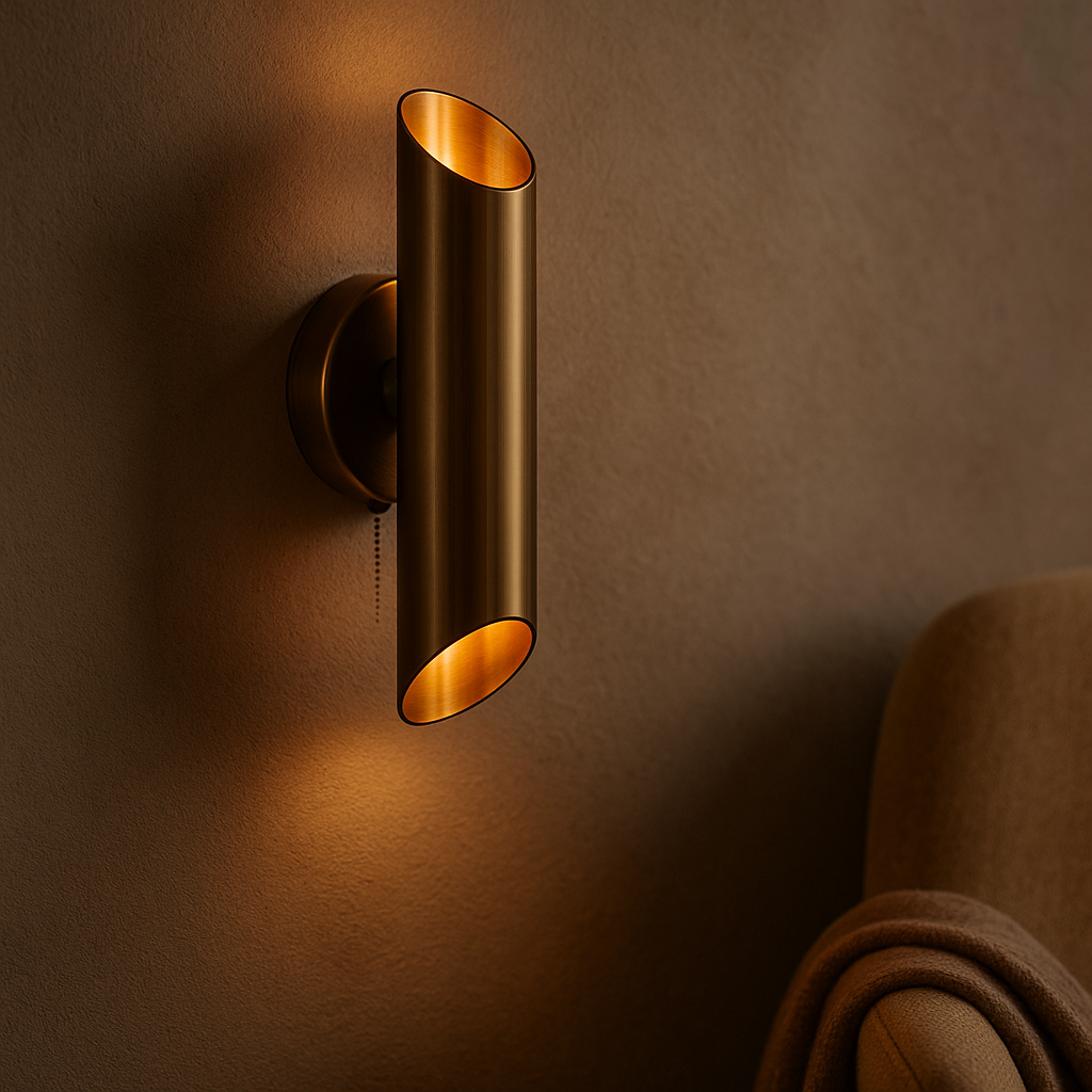 Illuminated brass curved cylinder wall sconce with up-and-down ambient light and pull chain above a wooden surface.