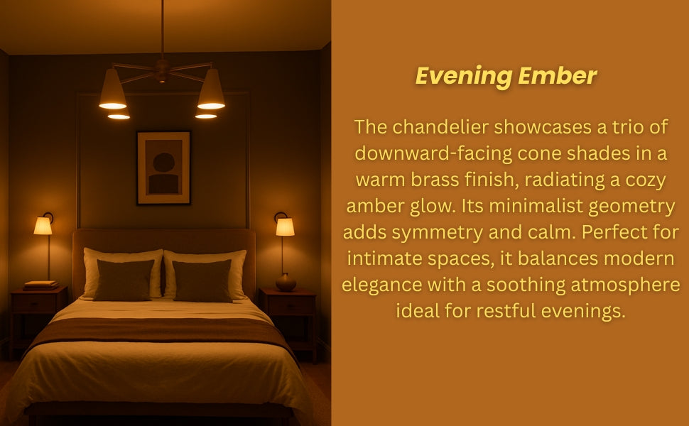 Warm brass chandelier with cone shades casting ambient glow in bedroom setting – ideal for cozy modern interiors