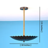 Pendant light with raw brass downrod and floral scalloped shade in blackened brass; dimensions overlaid: 18" wide, 21" high