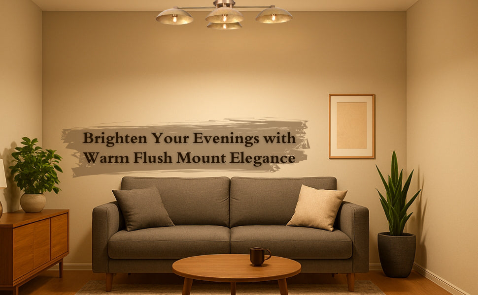 Cozy living room with a modern 3-light brass flush mount ceiling light casting a warm ambient glow.