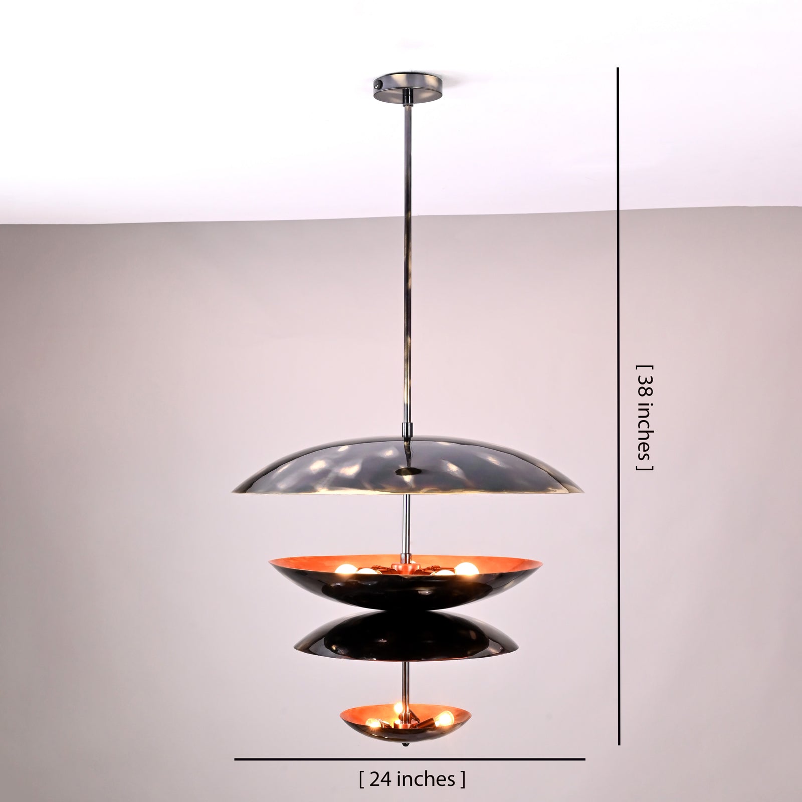 Size guide for Fountain Disc Chandelier – Dual Finish Black Brass & Copper Patina – 24