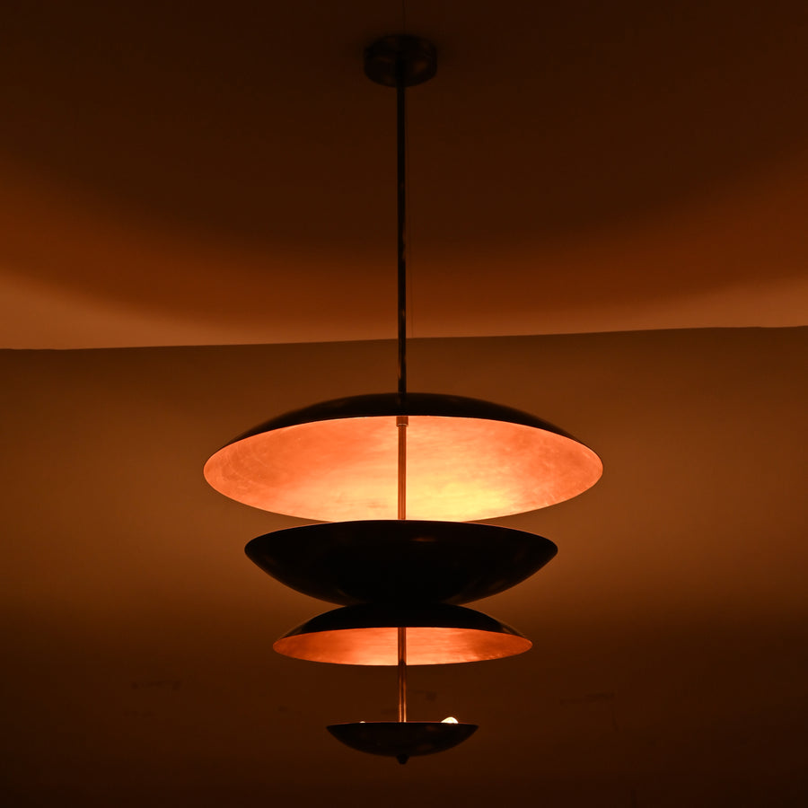Fountain Disc Chandelier in natural black brass and copper patina finish, modern pendant light