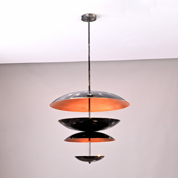 Fountain Disc Chandelier in natural black brass and copper patina finish, modern pendant light
