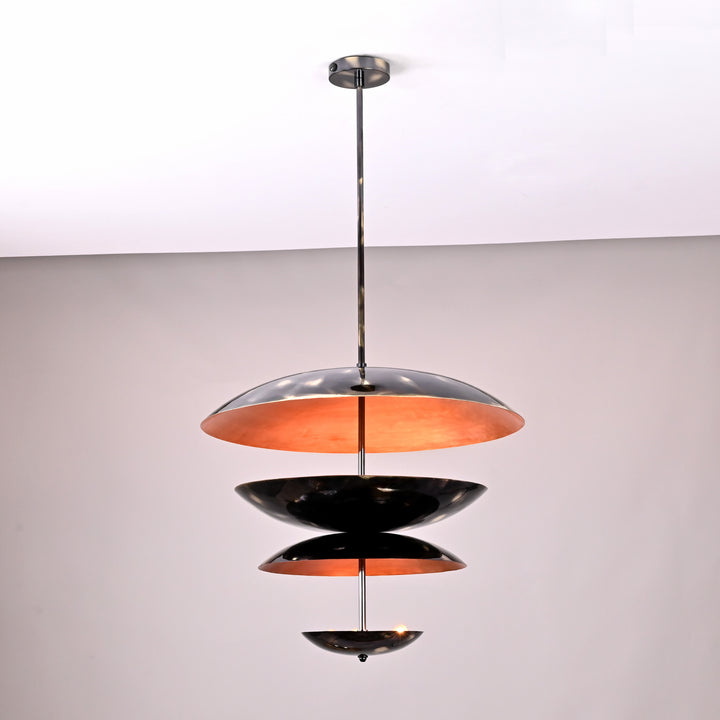 Fountain Disc Chandelier in natural black brass and copper patina finish, modern pendant light